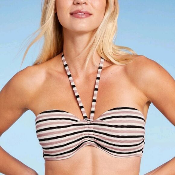 Shade & Shore halter bandeau bra size black white stripe bikini swim top 38D - Picture 3 of 6